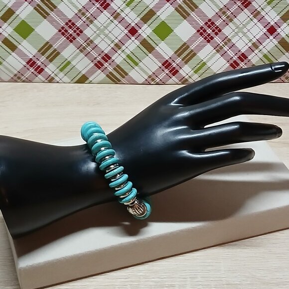 Hand Made Turquoise & Silver Tone Beaded Bracelet Fashion Jewelry #49 - Picture 2 of 8